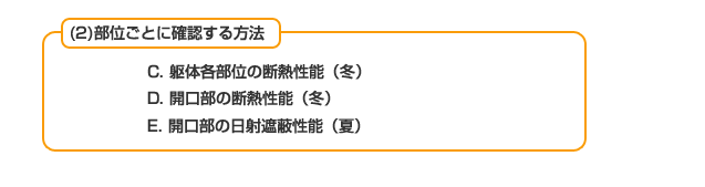 (2) 部位ごとに確認する方法 C.躯体各部位の断熱性能(冬)D.開口部の断熱性能(冬)E.開口部の日射遮蔽性能(夏)