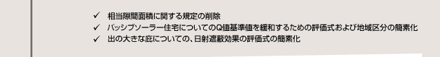 相当隙間面積に関する規定の削除 パッシブソーラー住宅についてのQ値基準値を緩和するための評価式および地域区分の簡素化 出の大きな庇についての、日射遮蔽効果の評価式の簡素化
